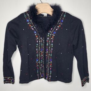 VTG Jack B Quick Sweater Womens XL Black‎ Cardigan Beaded Gems Fluffy Retro READ